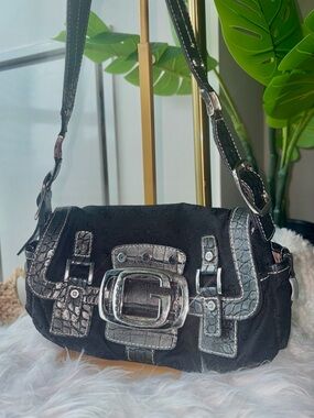 Vintage Y2K GUESS Atomic Logo Black Monogram Croc G Buckle Shoulder Bag